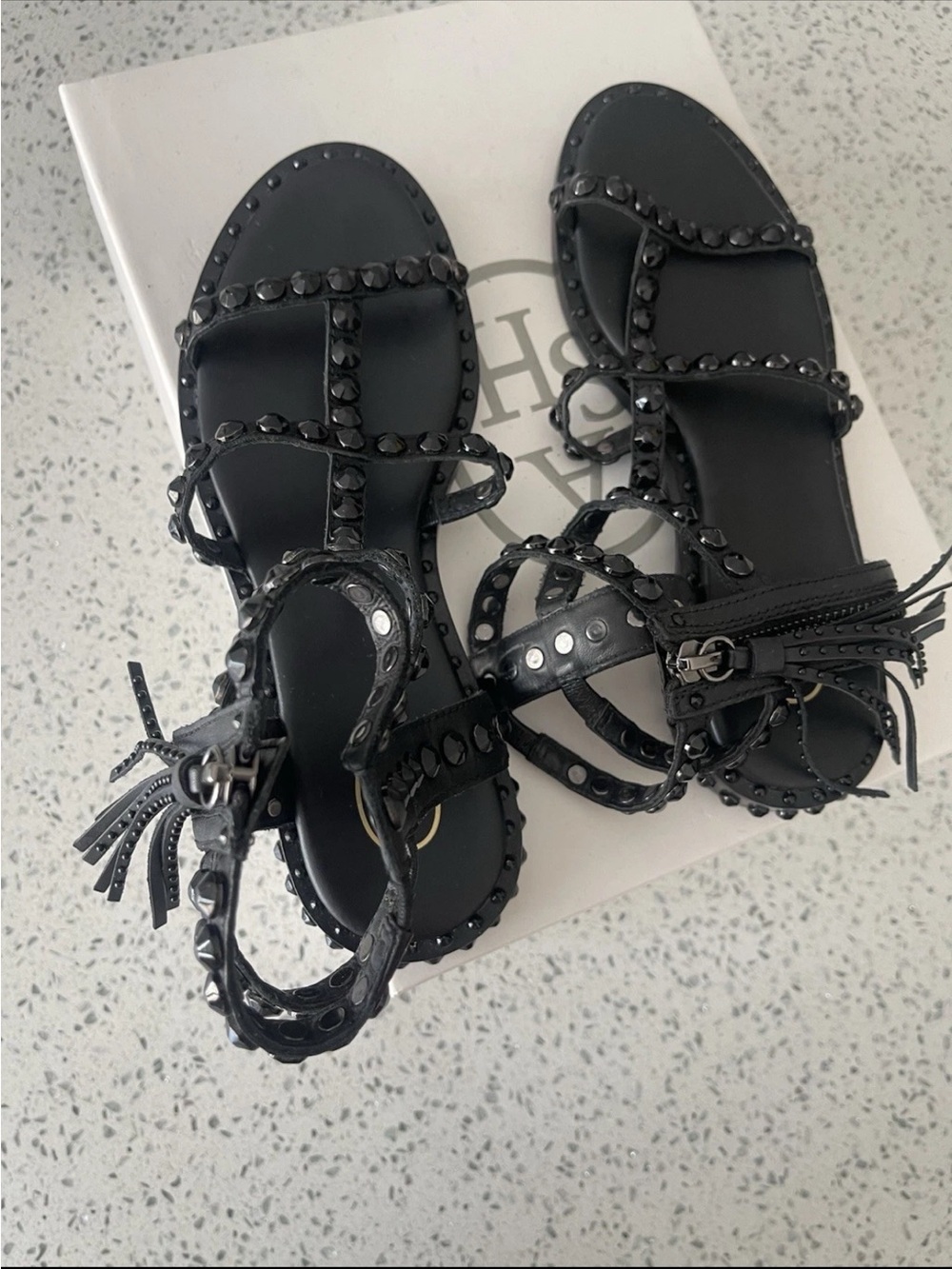 Ash Black Studded Strappy Sandals with Tassel Back Zipper
